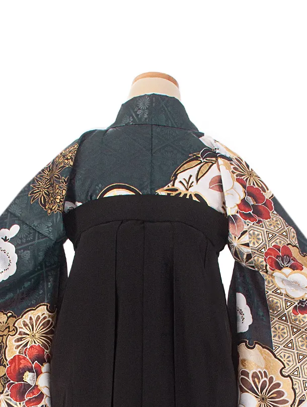 卒業式袴 D0073 濃青緑 江戸切子 牡丹×黒