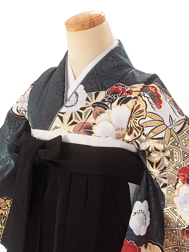 卒業式袴 D0073 濃青緑 江戸切子 牡丹×黒