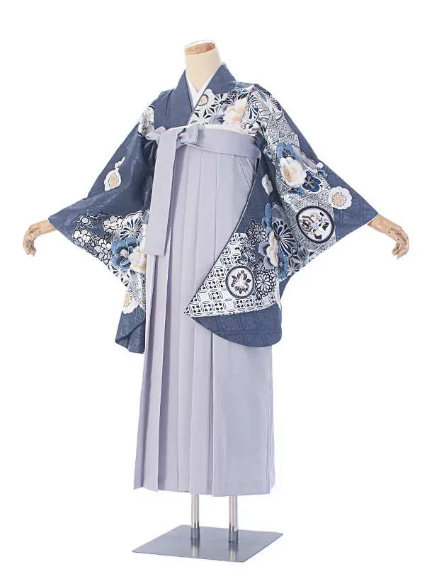 卒業式袴 D0075 ブルーグレー 江戸切子 牡丹×パープルグレー
