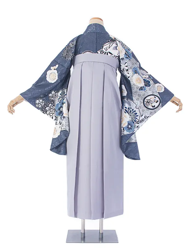 卒業式袴 D0075 ブルーグレー 江戸切子 牡丹×パープルグレー