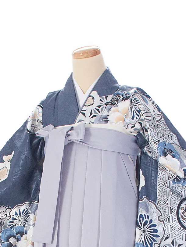 卒業式袴 D0075 ブルーグレー 江戸切子 牡丹×パープルグレー