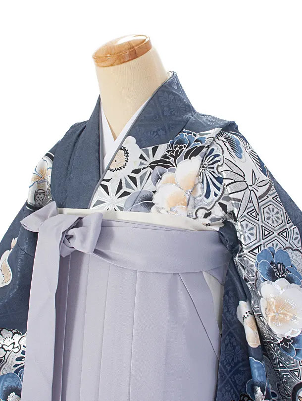 卒業式袴 D0075 ブルーグレー 江戸切子 牡丹×パープルグレー