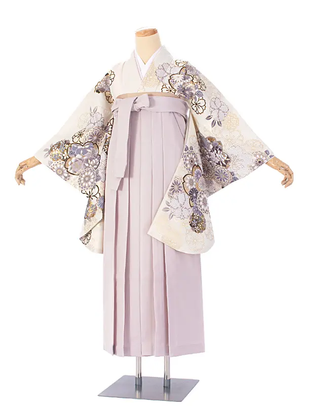 卒業式袴 D0076 白 菊と桜×グレージュ