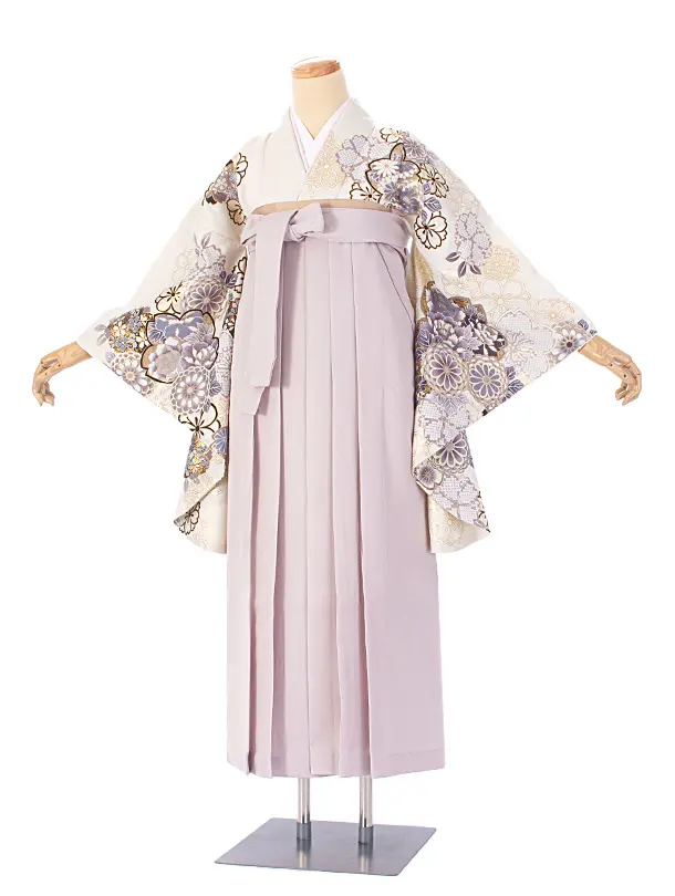 卒業式袴 D0076 白 菊と桜×グレージュ