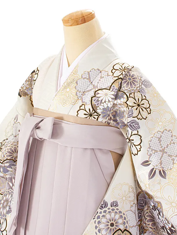 卒業式袴 D0076 白 菊と桜×グレージュ