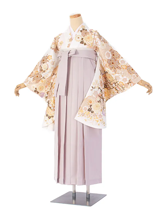 卒業式袴 D0077 白 御所車 牡丹×グレージュ