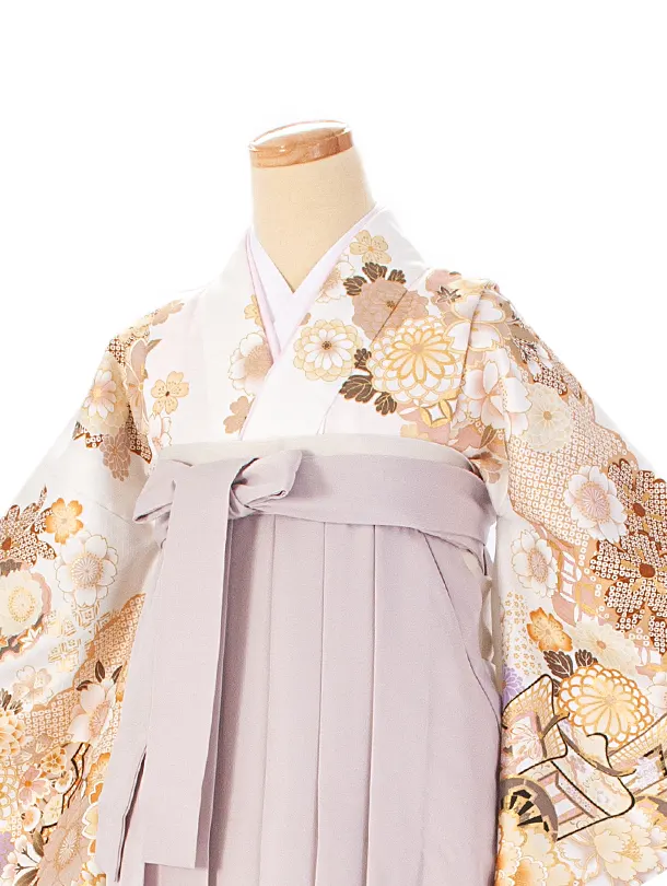 卒業式袴 D0077 白  牡丹×グレージュ