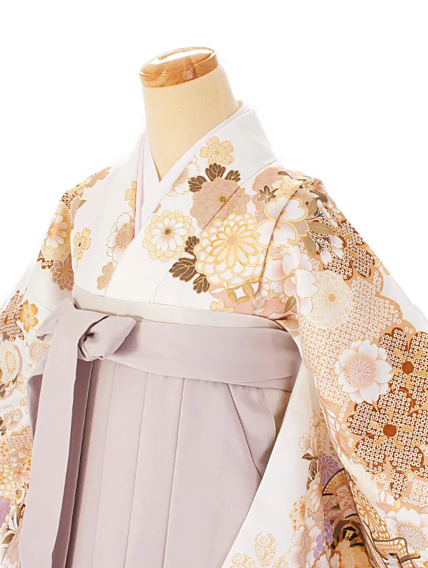 卒業式袴 D0077 白  牡丹×グレージュ