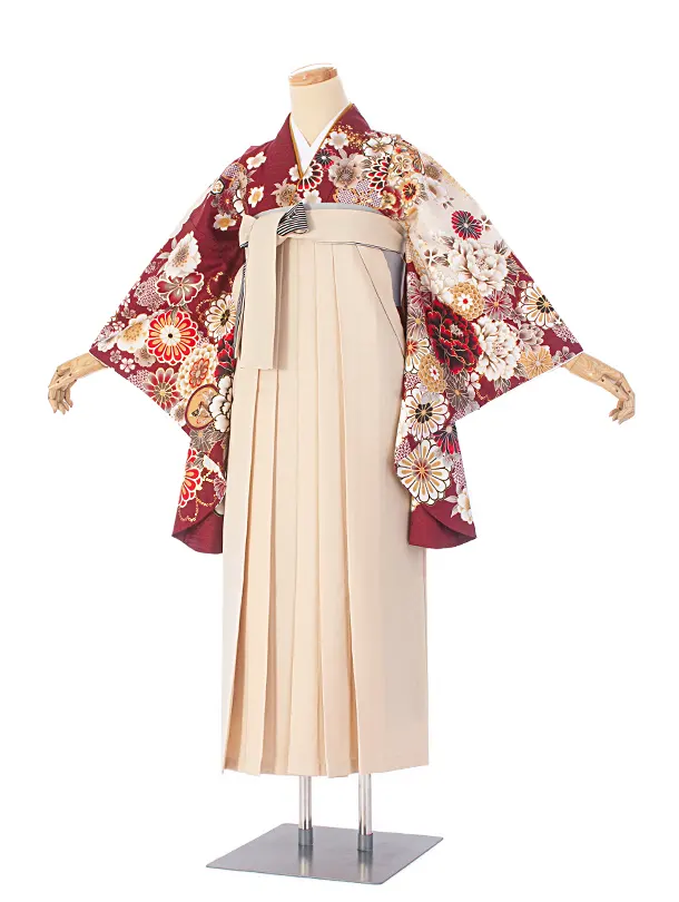 卒業式袴 D0079 ボルドー 四季花×クリーム
