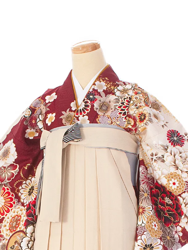 卒業式袴 D0079 ボルドー 四季花×クリーム