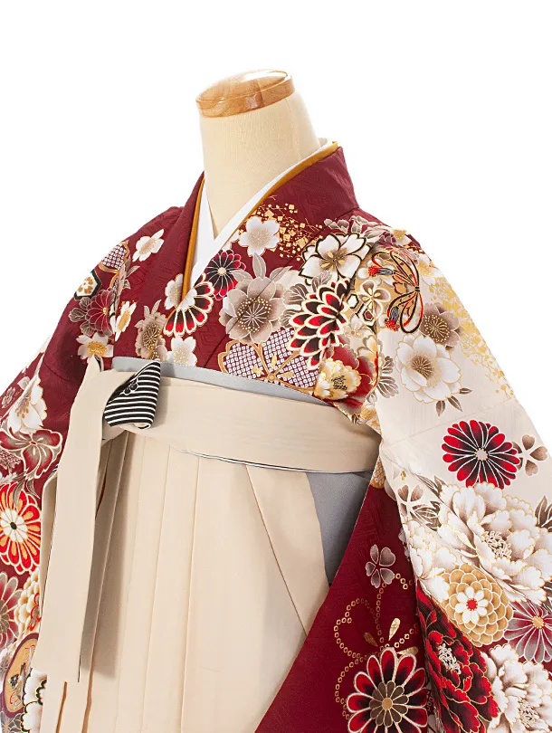 卒業式袴 D0079 ボルドー 四季花×クリーム