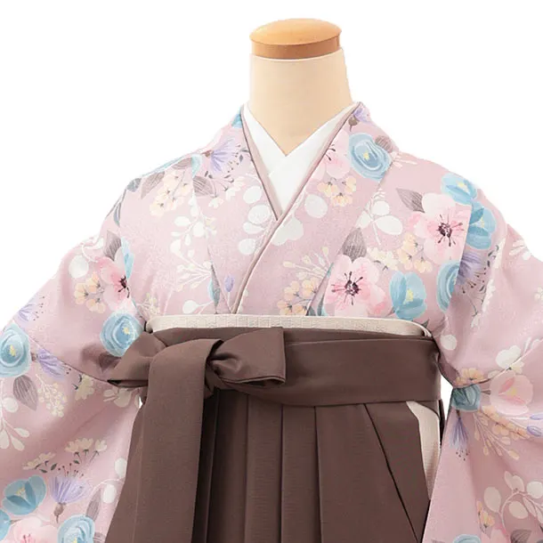 卒業式袴 L003 ピンク系着物×ブラウン系袴