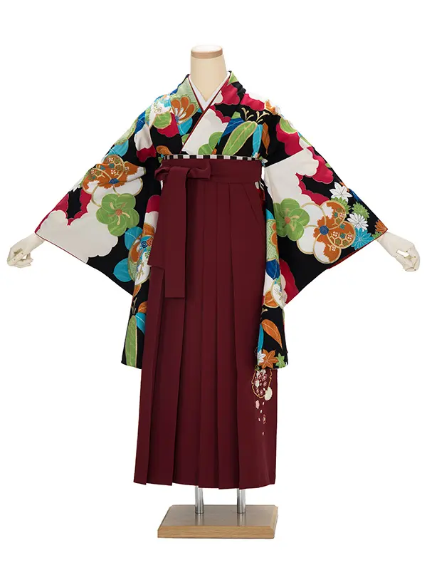 卒業式袴 DR13 ねじり梅 松笹 黒系着物×夢千代小花 刺繍 エンジ袴