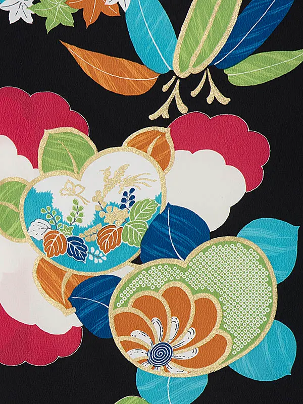 卒業式袴 DR13 ねじり梅 松笹 黒系着物×夢千代小花 刺繍 エンジ袴