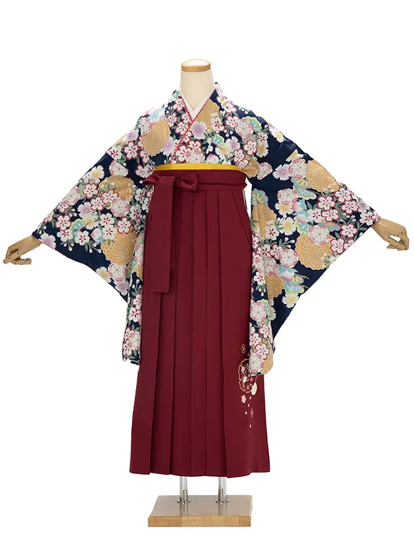 卒業式袴 DR32 菊 桜 紺系着物×夢千代小花 エンジ袴