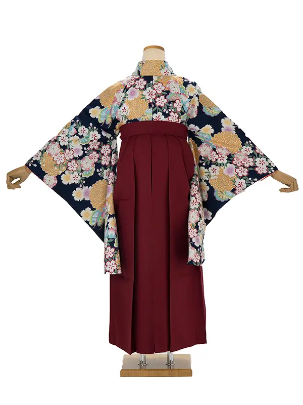 卒業式袴 DR32 菊 桜 紺系着物×夢千代小花 エンジ袴