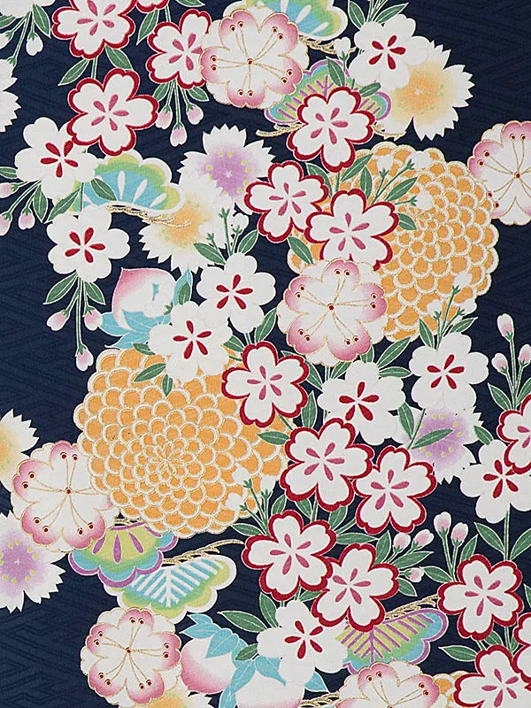 卒業式袴 DR32 菊 桜 紺系着物×夢千代小花 エンジ袴