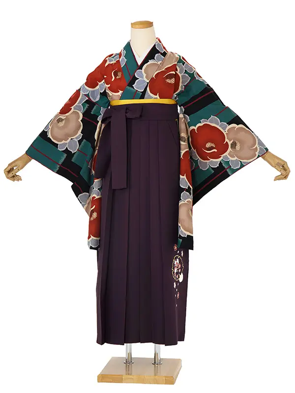 卒業式袴 DR66 椿 黒系着物×夢千代小花 刺繍 濃紫袴