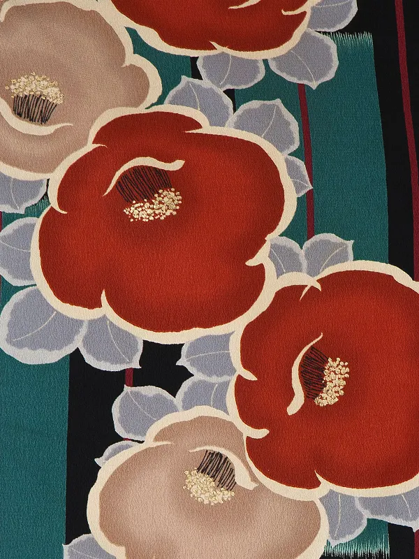 卒業式袴 DR66 椿 黒系着物×夢千代小花 刺繍 濃紫袴