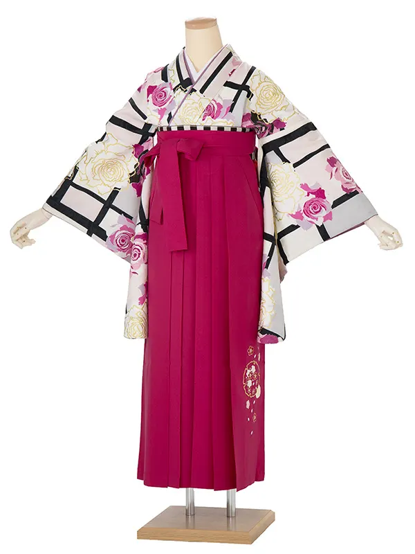 卒業式袴 DR87 薔薇 薄ピンク系着物×夢千代小花 濃ピンク袴
