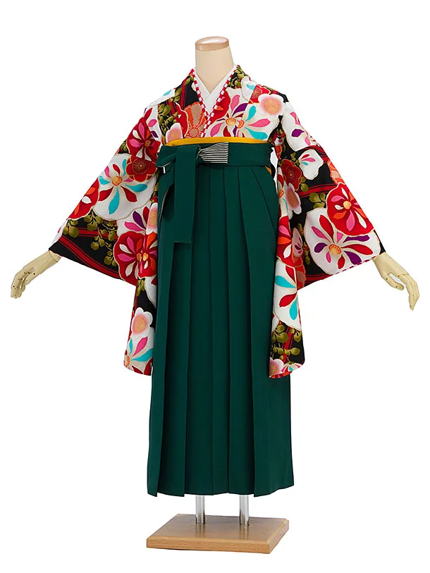 卒業式袴 DR171 万寿菊に立沸 黒系着物×紐裏ストライプ 緑袴