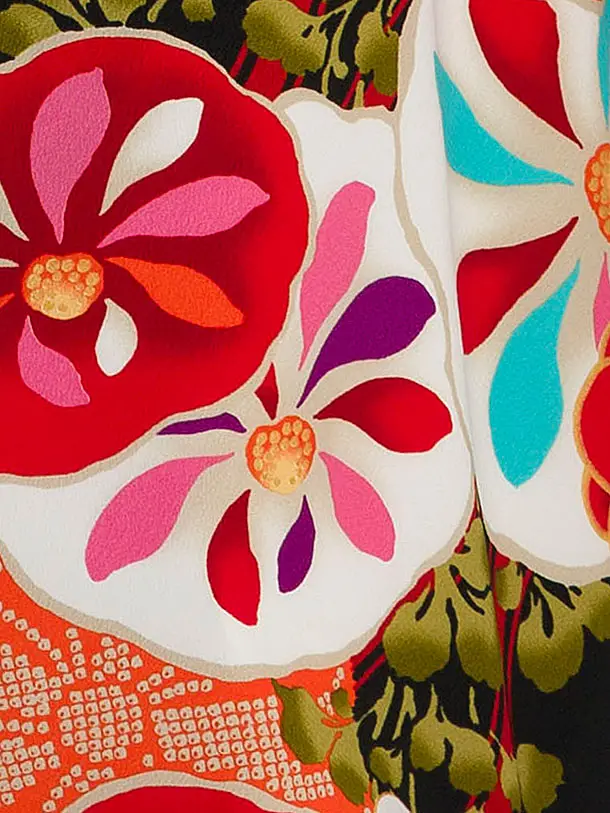 卒業式袴 DR171 万寿菊に立沸 黒系着物×紐裏ストライプ 緑袴