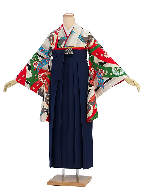 卒業式袴 DR184 のし 白系着物×紐裏ストライプ 紺袴