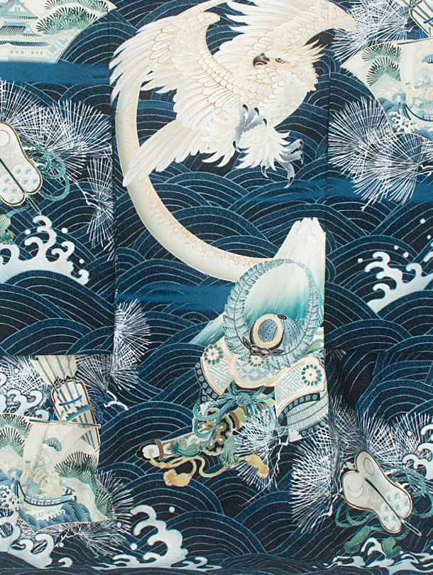 男児産着 お宮参りD0059 華徒然 紺 鷹と兜 青海波
