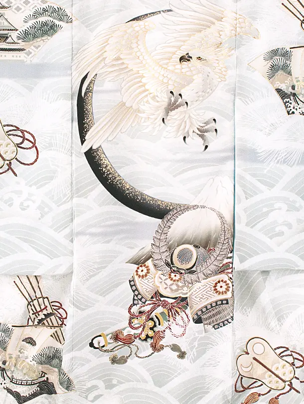 男児産着 お宮参りD0060 華徒然 薄グレー 鷹と兜 青海波