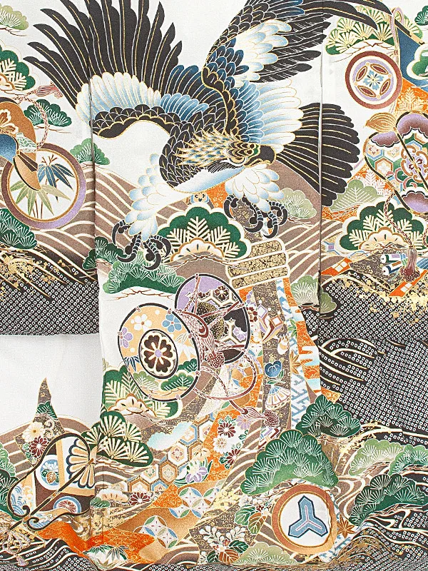 男児産着 お宮参りD0068 単衣 白黒疋田 鷹