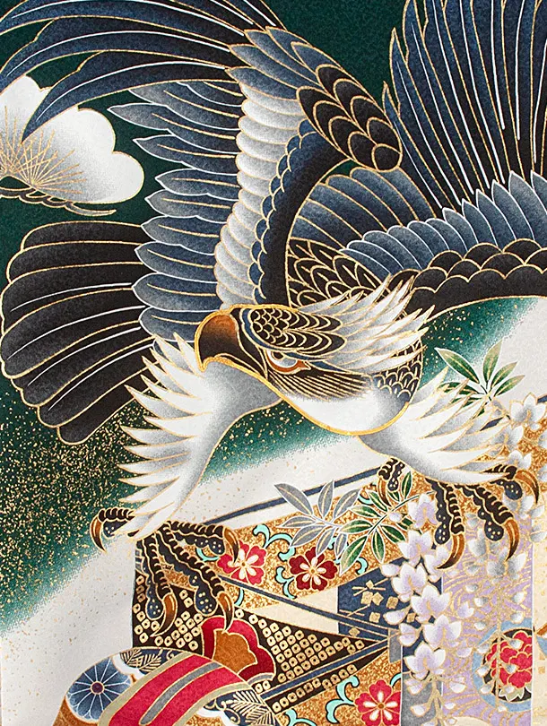 男児産着 お宮参りD0072 単衣 濃緑 鷹小槌兜 流水 刺繍