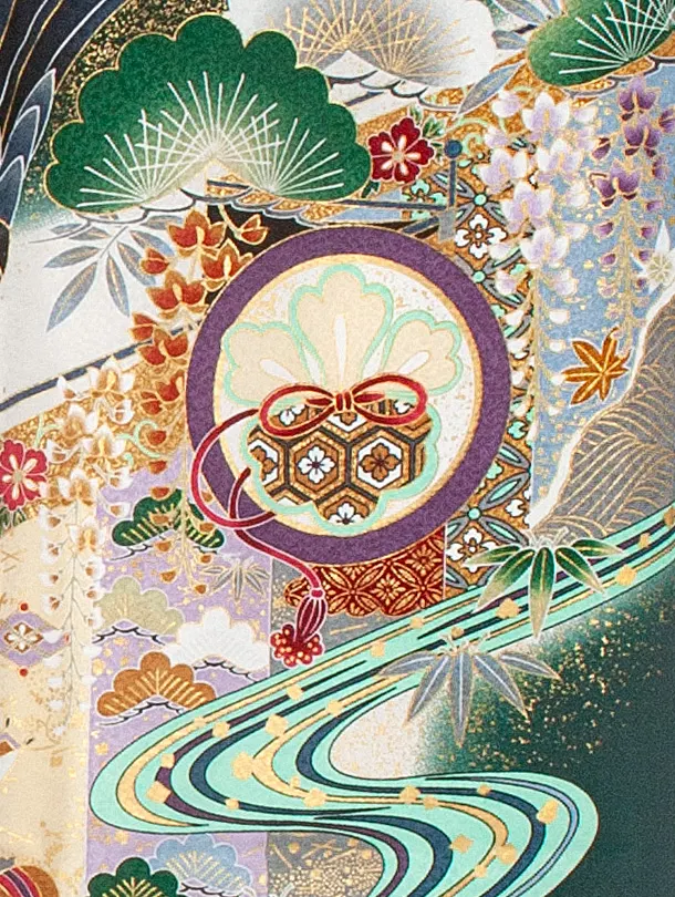 男児産着 お宮参りD0072 単衣 濃緑 鷹小槌兜 流水 刺繍