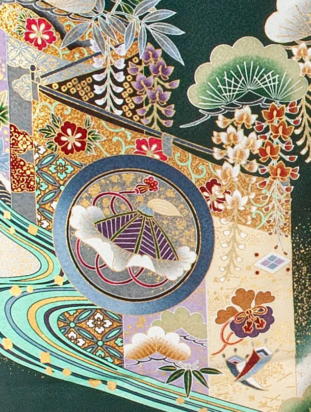 男児産着 お宮参りD0072 単衣 濃緑 鷹小槌兜 流水 刺繍