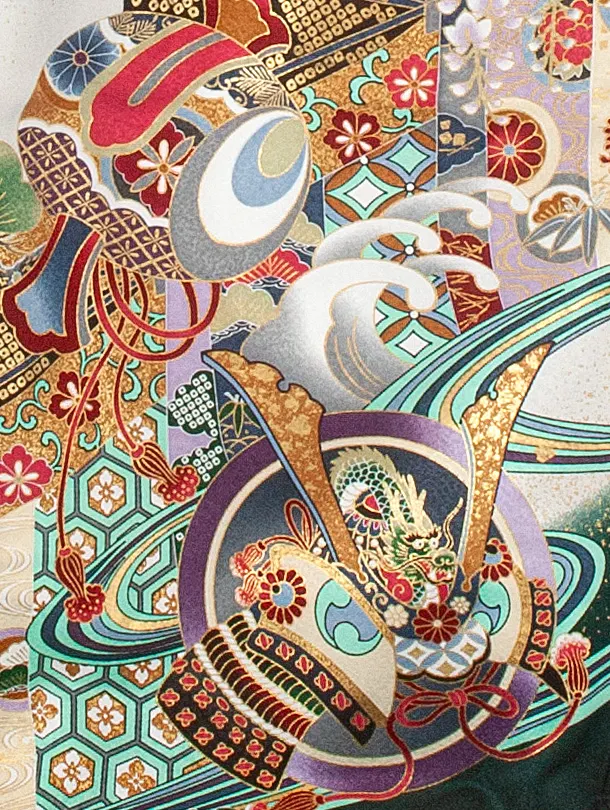 男児産着 お宮参りD0072 単衣 濃緑 鷹小槌兜 流水 刺繍