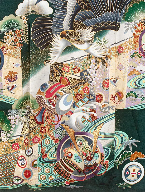 男児産着 お宮参りD0072 単衣 濃緑 鷹小槌兜 流水 刺繍