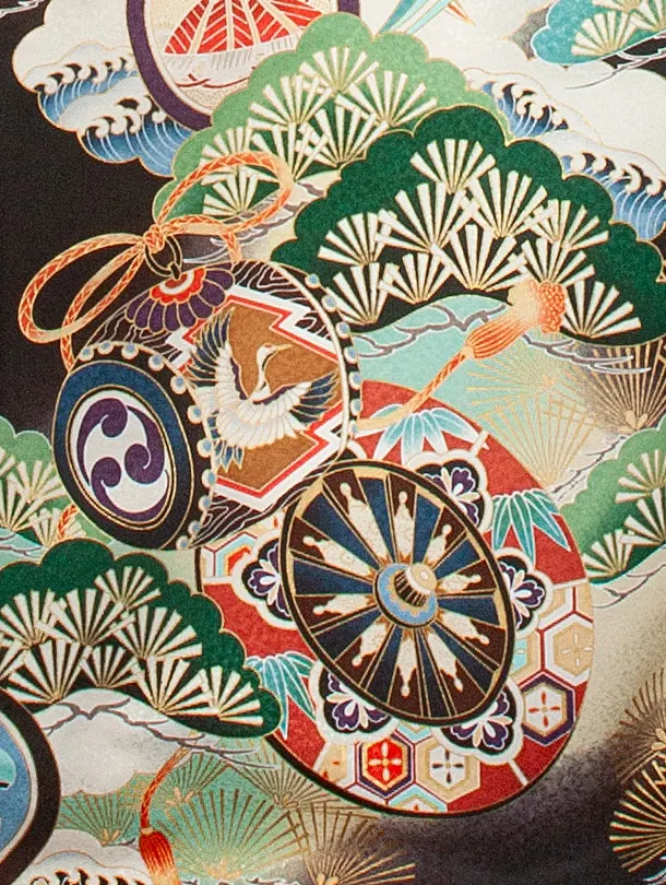 男児産着 お宮参りD0073 単衣 黒 鷹鼓 刺繍