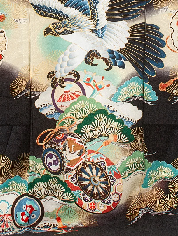 男児産着 お宮参りD0073 単衣 黒 鷹鼓 刺繍