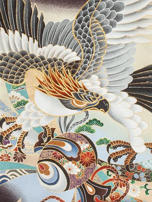 男児産着 お宮参りD0074 単衣 黒 鷹小槌兜 刺繍