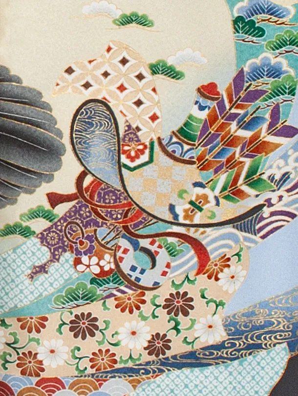 男児産着 お宮参りD0074 単衣 黒 鷹小槌兜 刺繍