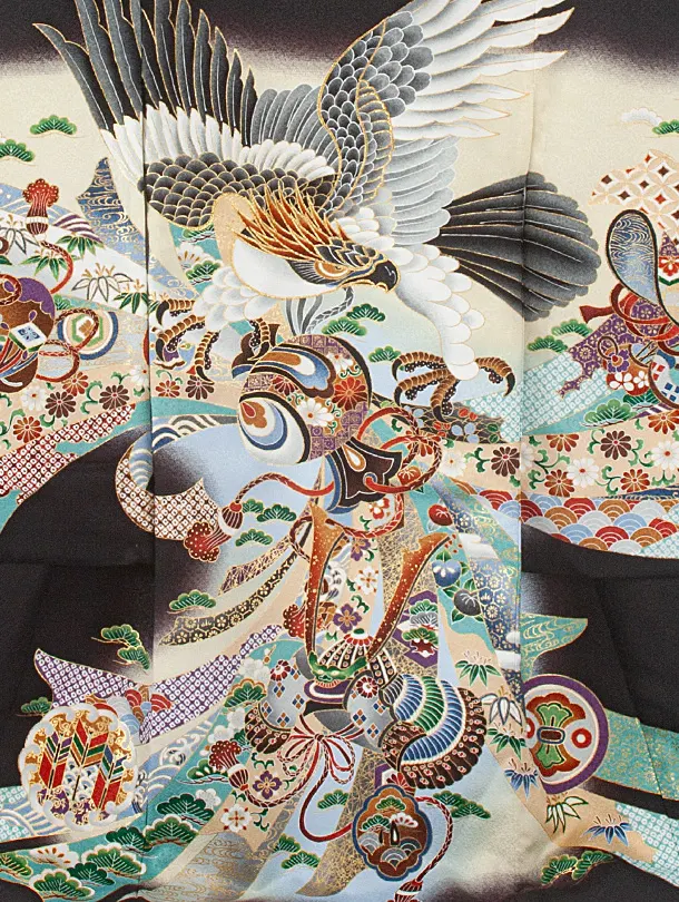 男児産着 お宮参りD0074 単衣 黒 鷹小槌兜 刺繍