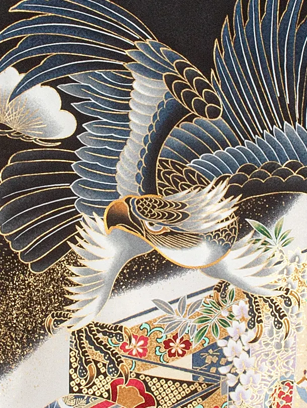 男児産着 お宮参りD0075 単衣 黒 鷹小槌兜 流水 刺繍