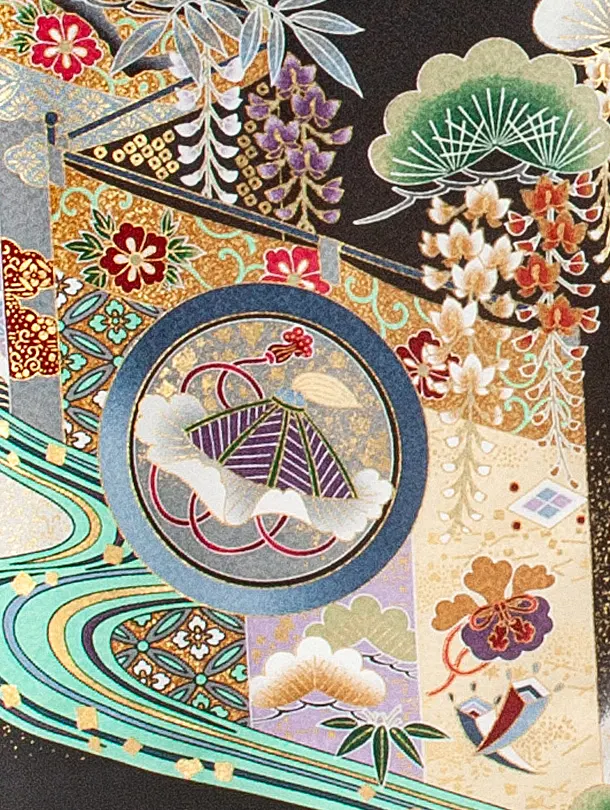 男児産着 お宮参りD0075 単衣 黒 鷹小槌兜 流水 刺繍