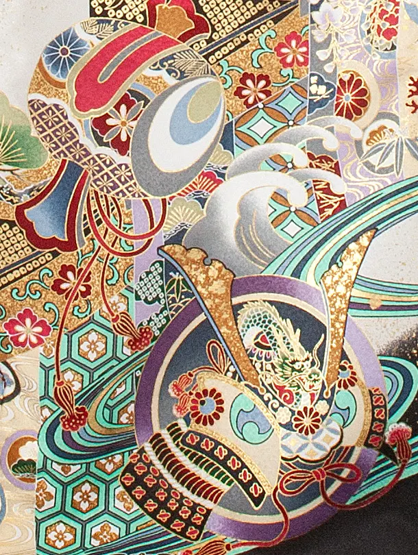 男児産着 お宮参りD0075 単衣 黒 鷹小槌兜 流水 刺繍