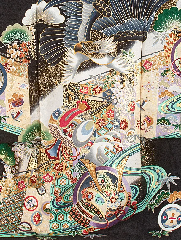 男児産着 お宮参りD0075 単衣 黒 鷹小槌兜 流水 刺繍