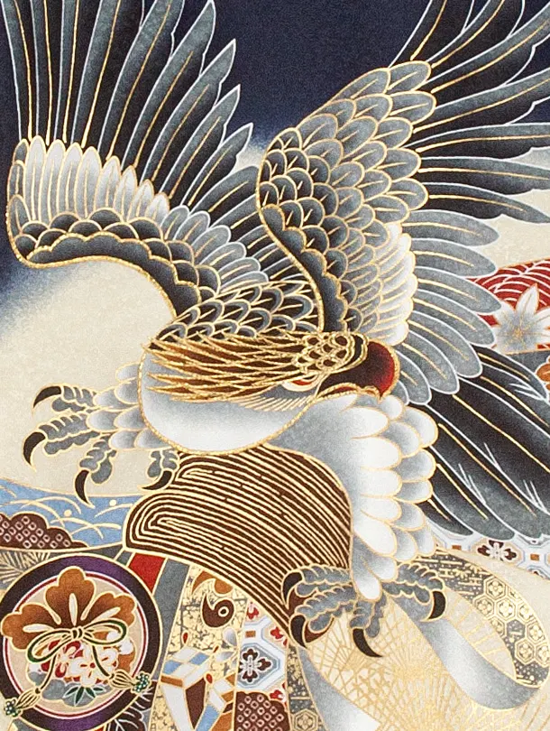 男児産着 お宮参りD0076 単衣 濃紺 鷹 のし 刺繍