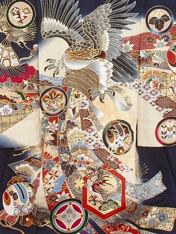 男児産着 お宮参りD0076 単衣 濃紺 鷹 のし 刺繍