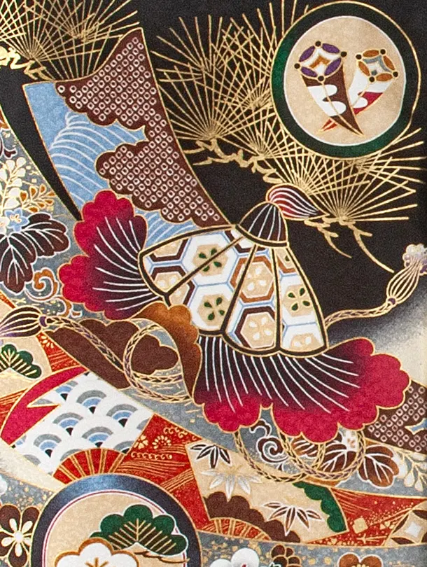 男児産着 お宮参りD0077 単衣 黒 鷹 のし 刺繍