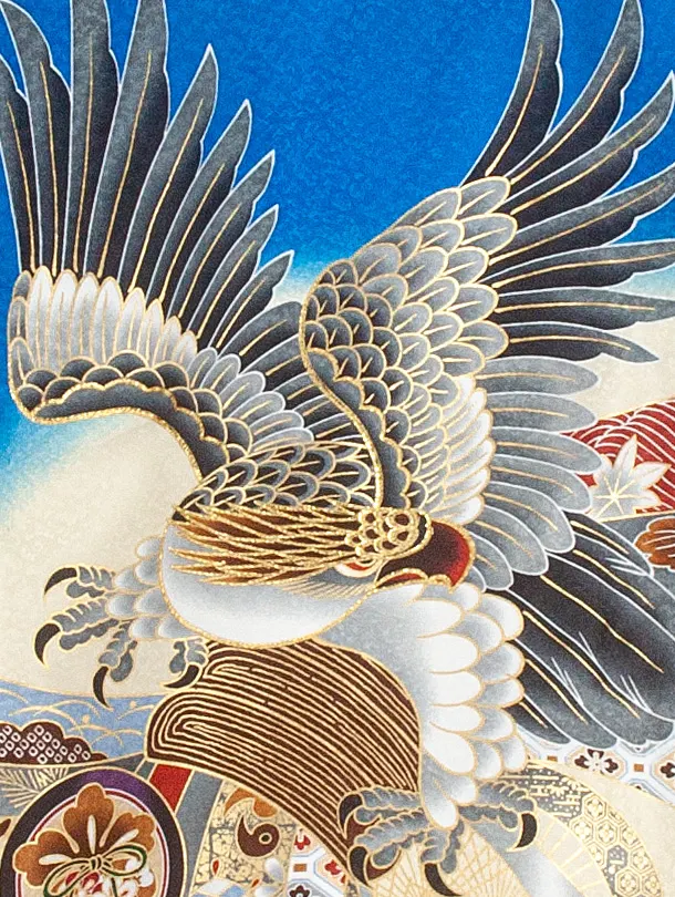 男児産着 お宮参りD0078 単衣 青クリーム 鷹 のし 刺繍