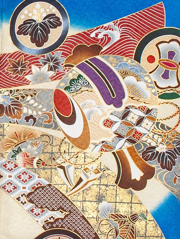 男児産着 お宮参りD0078 単衣 青クリーム 鷹 のし 刺繍