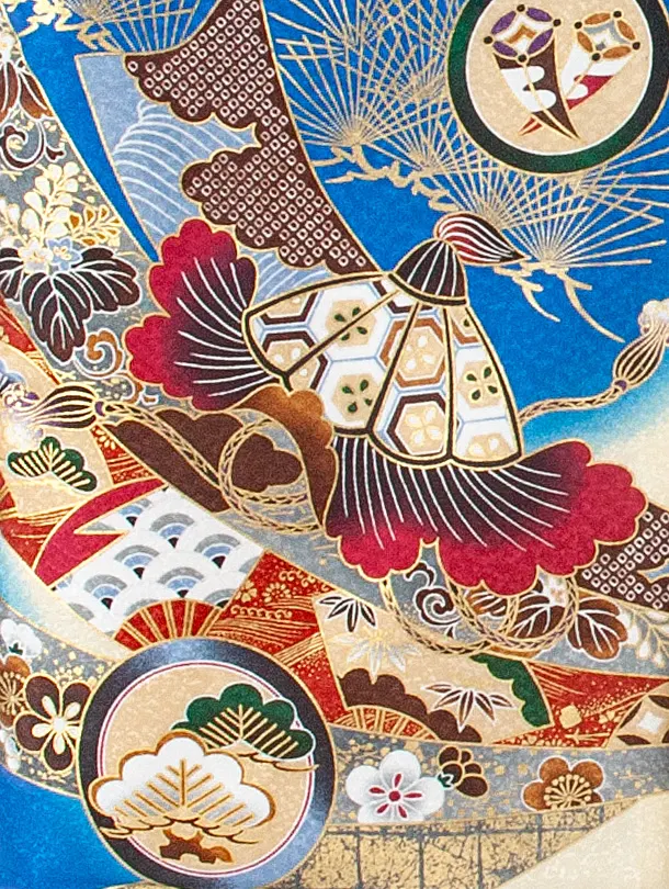 男児産着 お宮参りD0078 単衣 青クリーム 鷹 のし 刺繍